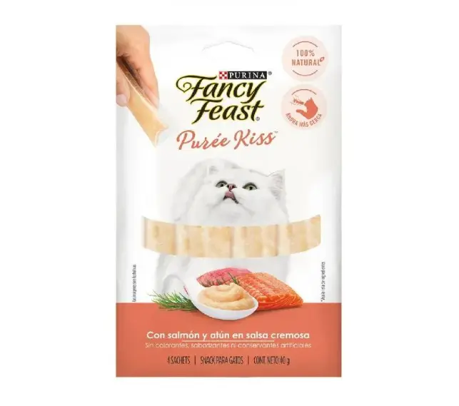 Fancy Feast Puree Kiss Salmón Y Atún 10 Gr X 4 Und